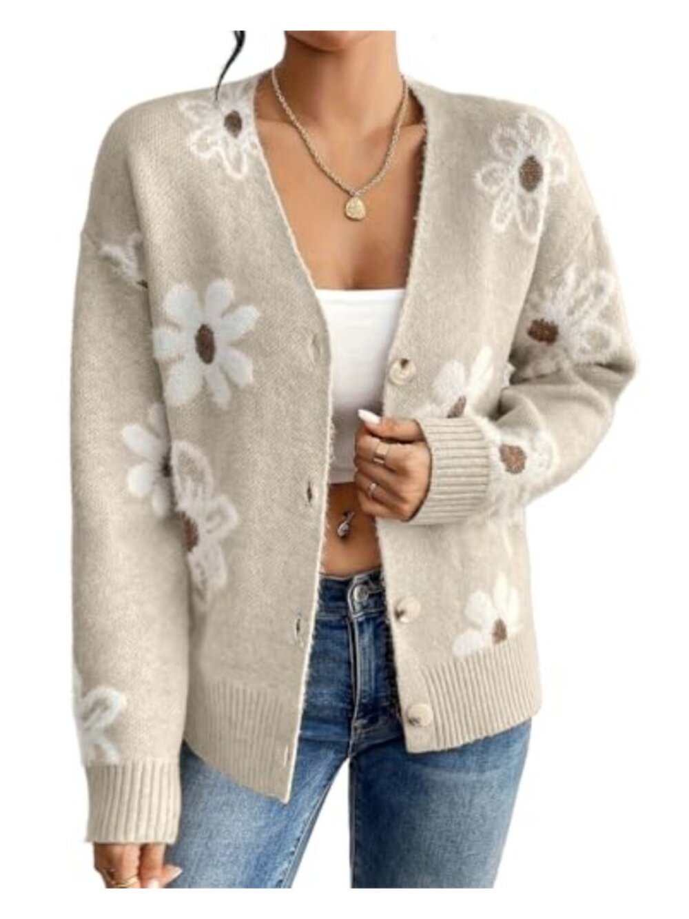 Womens Daisy Floral Knit Cardigan Long Sleeve Button Down Sweater